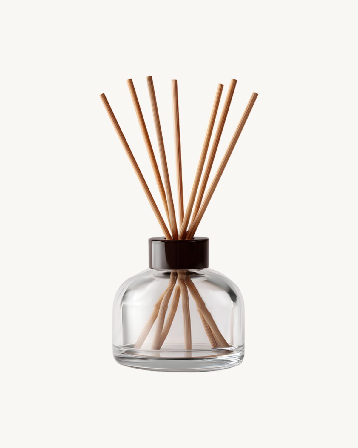 SMOVF reed diffuser, a round clear glass bottle with rattan reeds